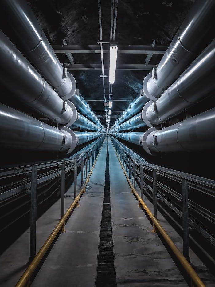 A dramatic view of a symmetric industrial tunnel lined with steel pipes.